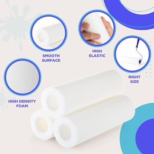 Leumoi 4 Pcs 9 Inch Foam Paint Rollers with Roller Frame Kit, High Density Foam Paint Roller Covers for Painting Doors Wall Houses Cabinets Ceilings Furniture Flat Surfaces