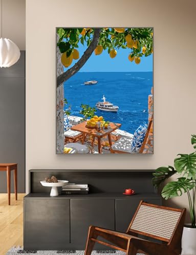 ZRIZQ Paint by Numbers Kit for Adults Beginner,Lemon Tree Sea,16x20 | Full set with wooden brushes,rolled canvas,rich paints.Calming activity.Beginner friendly.Just open and paint. - color: 16"X20"Rolled Canvas(Frameless)-Landscape 3