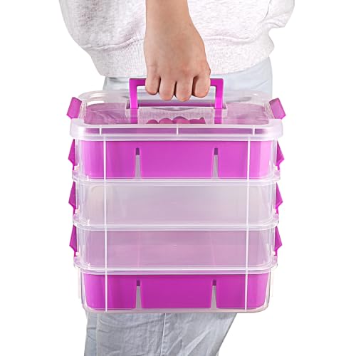 JUXYES 4-Tiers Plastic Stack Carry Storage Containers Box wih Handle Lids - color: Purple