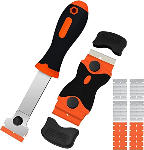 DEKEones Razor Blade Scraper, 2 PCS Razor Scraper Tool for Removing Label, Registration Sticker, Tint, Grease from Windshield, Appliance, Glass (Extra 20 Metal and 10 Plastic Blades) - color: Orange-2pcs