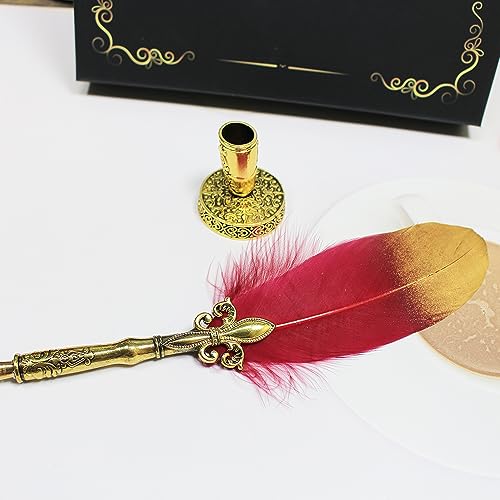 Quill Pen Ink Set,includes gold quill pen,wooden dip pen,glass dip pen,5 bottles ink,17 Replaceable Nibs,1 bottle of wax,spoon,wax sealing stamp,candle,pen holder, Cup. (Red)
