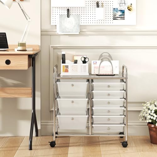 COSTWAY Rolling Storage Cart with 9 Drawer, Utility Cart with Metal Frame | Mobile Art Supply Craft Organizer, Multipurpose Storage Organizer for Paper, Office, School Teacher, Classroom, Transparent - color: Transparent, size: 9 Drawer
