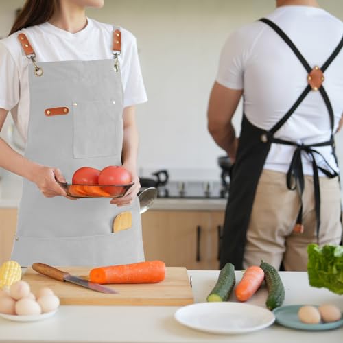 Aoomzoon Canvas Aprons for Men Chef Apron, Work Apron with Large Pockets - 16oz Heavy Duty Cross Back, BBQ, Cooking - color: White