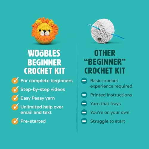 The Woobles Crochet Kit for Beginners (Sebastian the Lion) | As seen on Shark Tank, Kit includes: Easy Peasy Yarn, pre-started piece, hook, safety eyes, stuffing, video tutorials - color: Sebastian The Lion