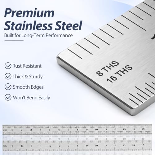 EBOOT 2 Pcs Stainless Steel Ruler Machinist Engineer Ruler with Markings 1/8, 1/16, 1/32, 1/64 Inch for Engineering, School, Office, Architect, and Drawing (16 Inch) - size: 16 Inch