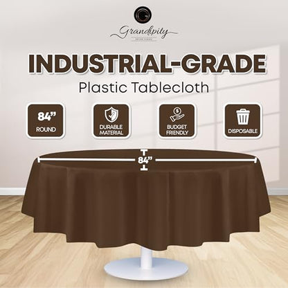 Grandipty Plastic Table Cloth Disposable 12 Pack 84" Round Brown | Plastic table covers, durable disposable tablecloths, fade and tear-resistent table cover for party, event