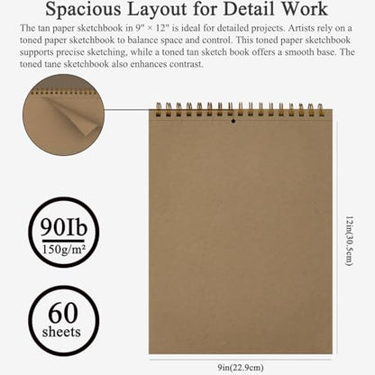 Fuxi Toned Tan Sketchbook 9x12-60 Sheet Acid Free Toned Paper, Professional Drawing Pad for Artists & Art Students. - color: Toned Tan, size: 9" x 12" (Pack of 1)