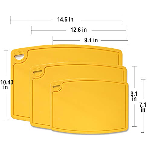 Liflicon Silicone Thick Cutting Boards Mats Set of 3pcs Foldable & Flexible Design Juice Grooves Easy Grip Handle Dishwasher Safe for Kitchen,BPA free Silicone Cutting Mats-Yellow - color: Yellow, size: S+M+L