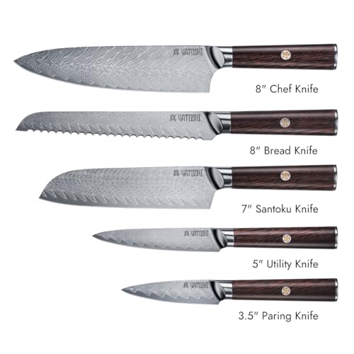 Magnetic Kitchen Knife Block Set - Japanese 67 Layer High-Grade VG-10 Steel Knives, Sharp, G10 Handle Professional Kitchen Knife Set - Damascus (6 pieces), Brown Pakkawood Handles - color: Brown, size: 6-Piece