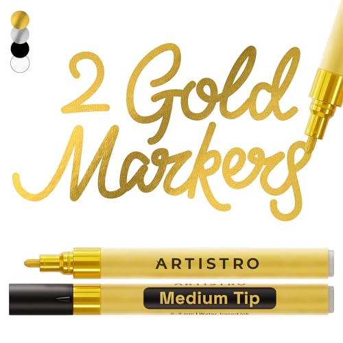 ARTISTRO Gold Acrylic Paint Markers - 3mm Medium-Tip - Set of 2 | Paint Pens, Perfect for Crafting, Art Projects, & More - color: Gold, style: Medium