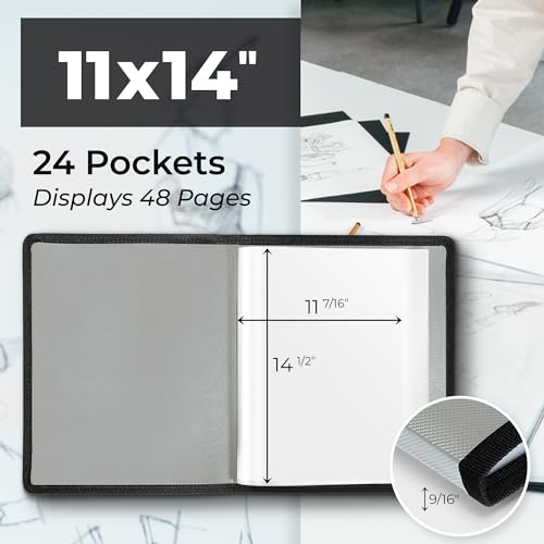 Dunwell 11x14 Art Portfolio Binder, 24-Sleeve, Mounting Paper, Silver | 24 Clear Sleeves, Displays 48 Pages, Mounting Paper Included, Artwork Storage, Acid-Free Poly Protection - color: Silver, size: 11x14" w/ BLK Paper