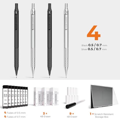 4PCS Metal Mechanical Pencil Set, 0.5mm+0.7mm, Storage Case, Black＆Silver - color: Silver+Black (4PCS)