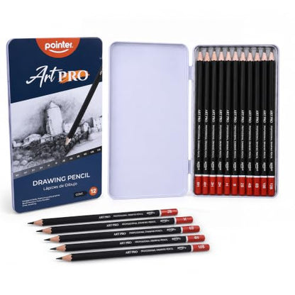 Pointer Art Pro Drawing Pencils Set, 12 Graphite Pencils 6H-12B, Professional Artist Sketching Kit