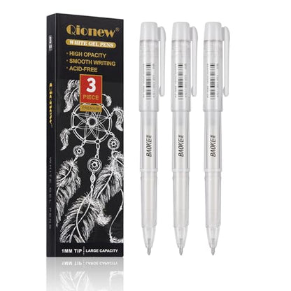 Qionew White Gel Pen Set, 1mm Gel Ink Pens Opaque White Archival Ink Pens for Black Paper Drawing, Sketching, Illustration, Card Making, Bullet Journaling - size: 1 Count (Pack of 3), style: White
