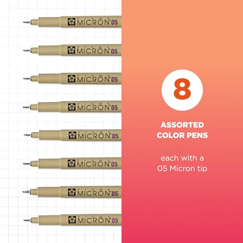 Sakura Pigma Micron Fineliner Pens, Assorted Colors, 05 Tip, 8 Count | Color Pen Set for Drawing, Illustration, and Journaling, Archival Colored Ink, Waterproof and Fade-Resistant - style: 05 Tip