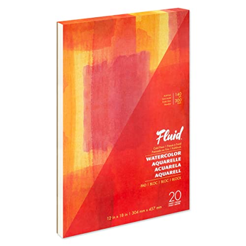 Fluid Watercolor Fold Over Pad, 12 x 18 inches, 20 White Sheets, 140 lb (300 GSM) Cold Press for Artist Painting and Wet Media - size: 12x18 Inches