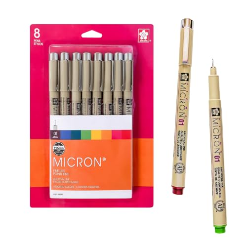 Sakura Pigma Micron Fineliner Pens, 01 Tip, Assorted Colors, 8 Count