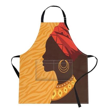 Apron with Pockets, 32x28 inch, for Women Men, African Woman | American Folk Girl Waterproof Adjustable Bib Aprons for Kitchen Cooking Baking Painting Gardening - color: African American Woman