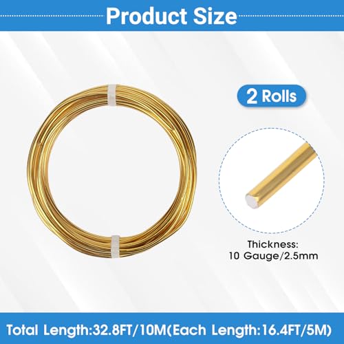 2 Rolls Aluminum Craft Wire, 10 Gauge (2.5mm) Flexible Metal Wire for Jewelry Making, 32.8 Ft (16.4 Ft/Roll) Bendable Armature Wire for Bonsai, Sculpting and DIY Crafts [Gold] - size: 10Gauge 16.4Ft Each, style: Gold