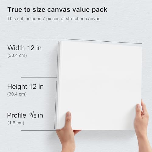 PHOENIX Stretched Canvas for Painting 12x12 Inch/7 Value Pack, 8 Oz Triple Primed 5/8 Inch Profile 100% Cotton White Blank Canvas, Square Framed Canvas for Oil Acrylic & Pouring Art - size: 12"x12", style: Studio Set (8 Oz.)
