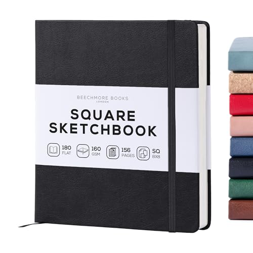 Beechmore Books 8x8 Square Mixed Media Sketchbook 160 GSM/98lb, Gift Box | Vegan Leather Hardcover Art Journal with Lay-Flat Binding, Perforated Ivory Pages for Drawing & Doodling - color: Charcoal Black, size: Square - 8" x 8"