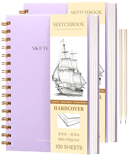 Yoment Small Sketch Book 5.5"x8.5",Mini Sketchbook,Spiral Bound,200 Sheets | Purple,2-Pack,68 lb/100gsm Hardcover Sketch Pad for Kids,Art Sketchbook Drawing Pad Book with Pencil,For Beginners,Artists - color: Purple 2, size: 5.5 x 8.5
