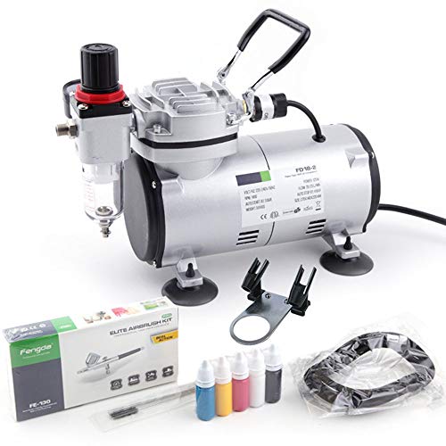 Timbertech Airbrush Kit With Compressor AS18-2K Basic Start Kit With Air Hose, Cleaning Brushes, and Test Paints for Hobby, Body Tattoo, Model painting, Automotive Graphic, Make-up