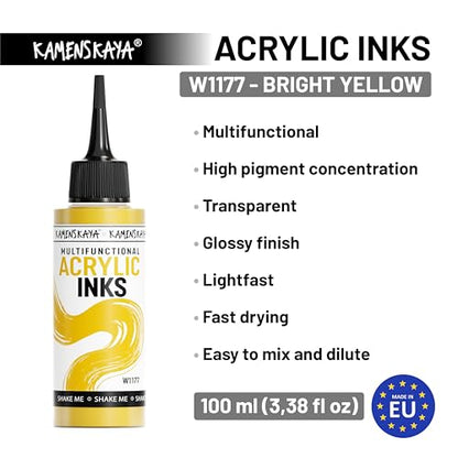 Acrylic Inks, Bright Yellow Acrylic Ink, 3.38 Fl Oz (100 ml) | Highly Concentrated, Multifunctional Liquid Acrylic Paint - color: Bright Yellow