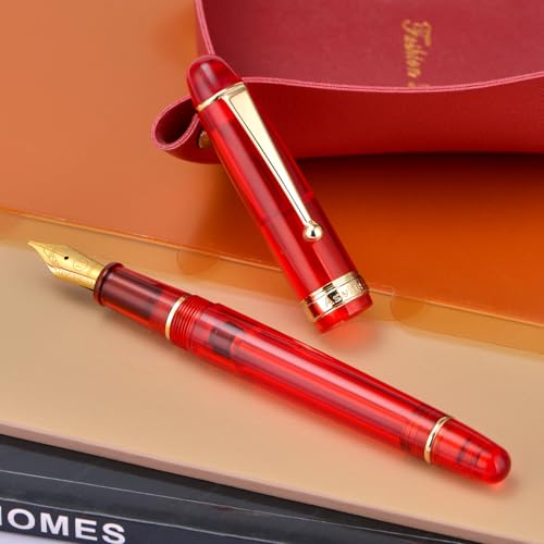 Asvine V126 Vacuum Filling Fountain Pen Gold Plated Fine Point, Transparent Red Acrylic Pen Gift Case - color: Transparent Red, style: Fine Point