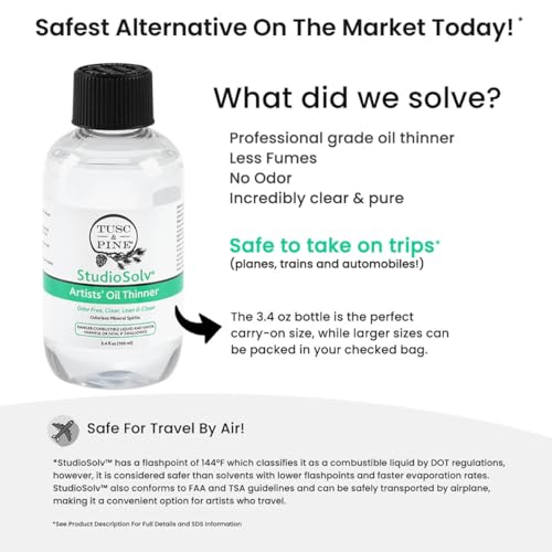 Tusc & Pine StudioSolv™ Odorless Mineral Spirits 3.4oz (100ml) | Purified Odor-Free Spirit Solvent For Thinning Oils, Artists, Painting Thinner, Professionals, & More!