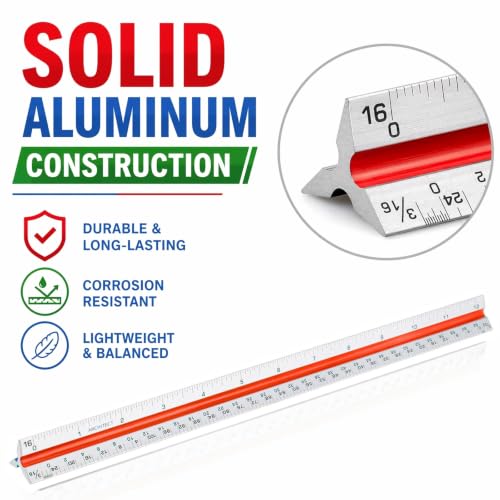 Nicunom 3 Pack Architectural Scale Ruler, 12" Triangular Architect Scale Aluminum Color-Coded Grooves Triangle Ruler for Architects, Students, Draftsman, and Engineers (Imperial)