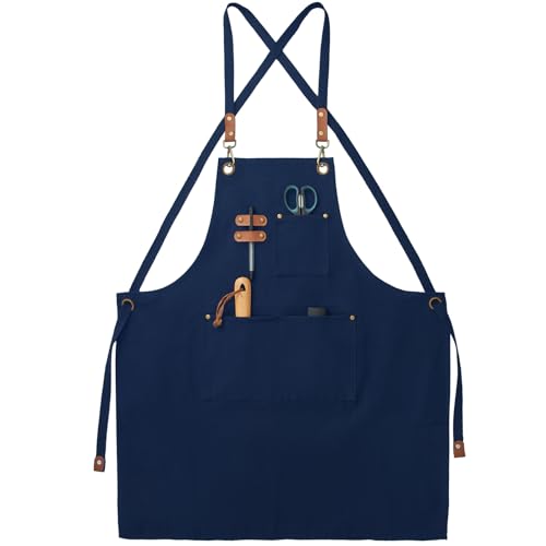 Chef Canvas Aprons with 3 Large Pockets Adjustable Strap for Men Women - color: Blue