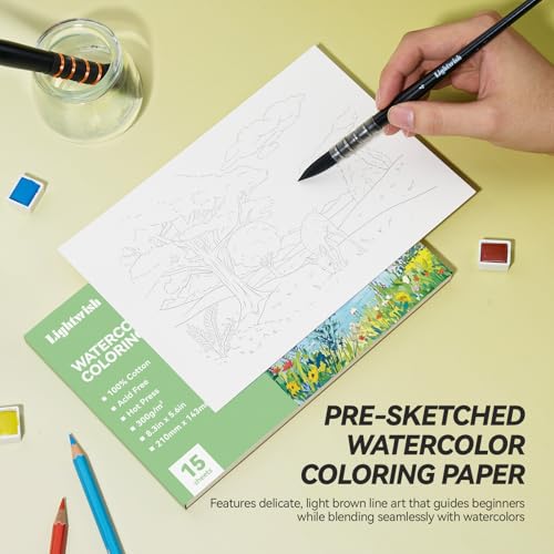 Lightwish Watercolor Coloring Book for Adults & Beginners,100% Cotton 300gsm/140lb Acid-Free Hot Press Paper, 8.3 x 5.6 Inches,15 Sheets,Landscape-Themed - color: Landscape-Themed