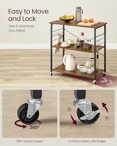 VASAGLE Kitchen Shelf on Wheels, 31.5 Inches Serving Cart with 3 Shelves - color: Rustic Brown + Ink Black, size: 31.5"W x 35"H, style: Shelf