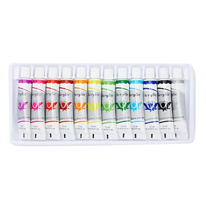18-Piece 8x8-Inch Wooden Canvas Painting Set, 2 Natural Wood Panel Paint Boards with 12 Acrylic Paint Tubes, 3 Brushes, and 1 Plastic Palette for Crafting and Art Supplies