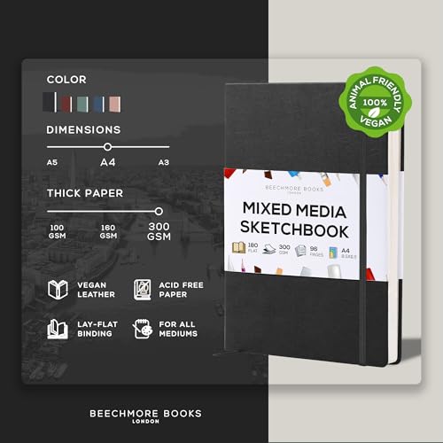 Beechmore Books A4 8.5x11 Mixed Media Sketchbook 300 GSM/140lb | Heavyweight Hardcover Art Notebook, 48 Micro-Perforated Pages Ivory Journal, Art Supplies for Painting, Acrylics & Wet Media - color: Charcoal Black, size: A4 - 8.5" x 11.5" Large