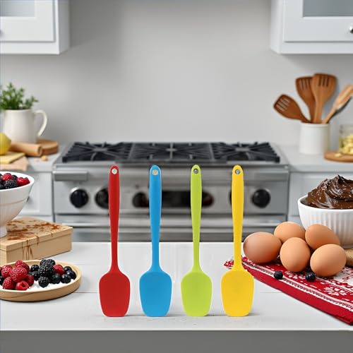 Silicone Spatula Set of 4, Small 8 inch Non-stick Rubber Spoon Spatulas, One Piece Design Flexible Silicone Spoon for Baking Cooking Mixing, Dishwasher Safe - color: Red,Blue,Green,Yellow (Small)