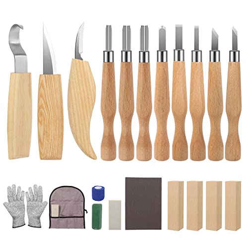 Wood Carving Kit 26pcs Wood Carving Tools Set with Wood Carving Knives Detail Knives Blocks Gloves Whittling Kit for Beginners Adults Kids Woodworking Tools for Spoon Bowl Kuksa Cup