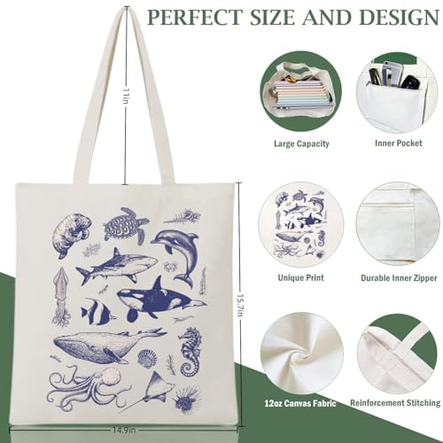 Canvas Aesthetic Tote Bag for Women with Inner Pocket Totes Shoulder Book Bag Shopping Reusable Grocery Bags - color: Sea Life Tote Bag 1