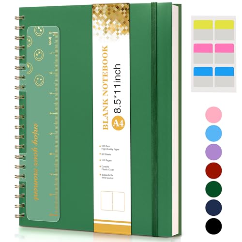 Blank Spiral Notebook Journal 8.5” x 11”, A4 Large Sketch Book for Women Men, 100 GSM Blank Paper Drawing Notebook, Plastic Hardcover Spiral Bound Sketchbook for Sketching Work School Writing, Green - color: Green, size: Plain
