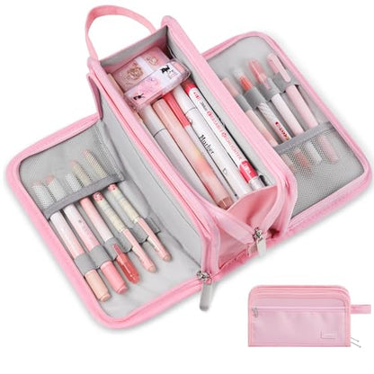 Sooez Large Pencil Case, Pencil Pouch, Pencil Bag, Pencil Box, Pure Pink | Ample Storage, Durable Canvas, Smooth Zippers, Portable Handle, Cute Stationery Organizer, Makeup Bag, School Supplies, Girls - color: Pink