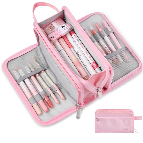 Sooez Large Pencil Case, Pencil Pouch, Pencil Bag, Pencil Box, Pure Pink | Ample Storage, Durable Canvas, Smooth Zippers, Portable Handle, Cute Stationery Organizer, Makeup Bag, School Supplies, Girls - color: Pink