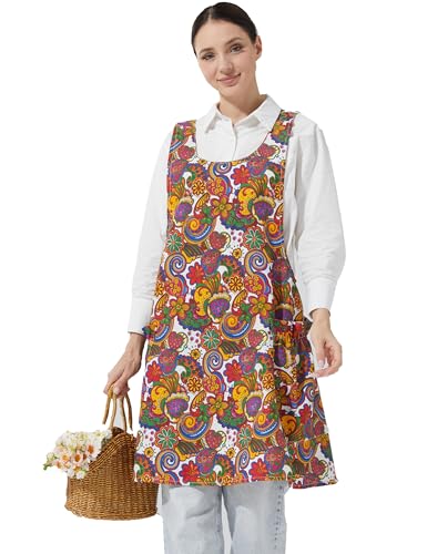 Cozy Adjustable Cross Back Aprons for Women with Pockets Cotton Linen Cooking Kitchen Baking - color: Flaming Flowers