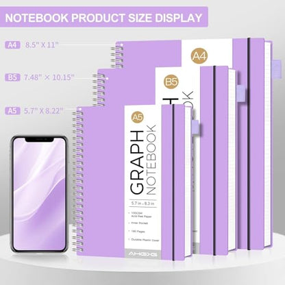 AHGXG Spiral Graph Paper Notebook, 110 Pages, A4 (8.5" x 11") | 100 gsm Thick Grid Paper, Waterproof Plastic Cover, for School Writing Engineering (Purple) - color: Purple, style: A4-Graph