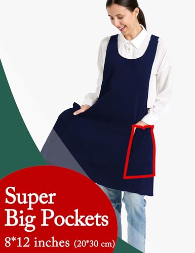 Cozy Adjustable Cross Back Aprons for Women with Pockets Cotton Linen Cooking Kitchen Baking - color: Navy Blue