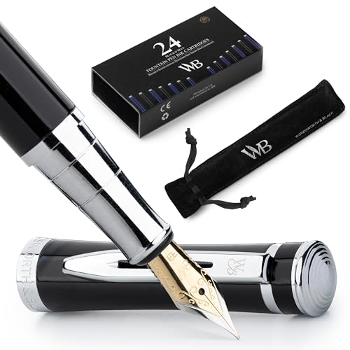 Wordsworth & Black Fountain Pen Set for Writing,Extra Fine Nib,Black Chrome | Gift for Men & Women, Brass Body, German Iridium, Calligraphy, Converter + 24 Ink Cartridges, Refillable, Leak-Free - color: Black Chrome, style: Extra Fine Nib