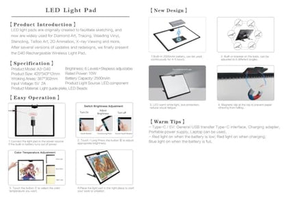 YINGWOND Wireless Rechargeable A3 LED Light Pad w/Built-in Foldable Stand, 3 Color Tone, 6 Levels of Brightness, Battery Powered Evenly Illuminated Light Box for Tracing Drawing and Diamond Painting - style: Rechargeable-A3 Black