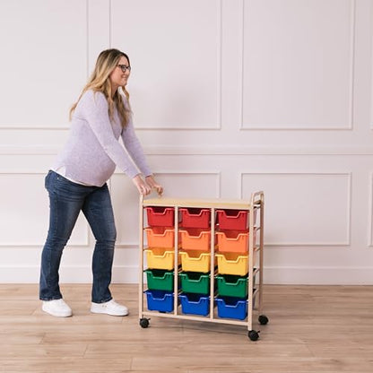 ECR4Kids 15-Bin Mobile Organizer with Shelf, Removable Bins, Sand/Assorted | Durable plastic bins, steel frame, GREENGUARD Gold Certified, 75 lb capacity, rolling casters, craft supplies, classroom/home