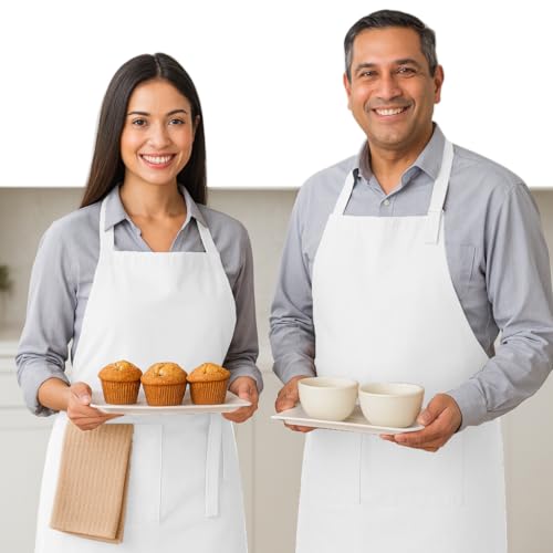 Native Fab Kitchen Apron 2 Pack - 100% Cotton Adjustable, Durable Apron with Pockets, Perfect for Cooking, Baking, Grilling - color: White