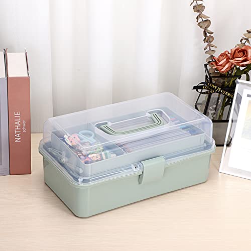 BTSKY 3-Layer Plastic Dividing Storage Box Craft Organizer and Storage | Portable Handled Art Supply Organizer with Adjustable Spacers Multipurpose Home Utility Box for Medicine Sewing(Haze Green) - color: Haze Green